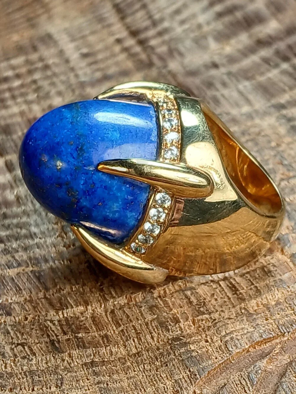 Gold-Tone Lapis Lazuli Statement Ring with Pavé Accents Size 5